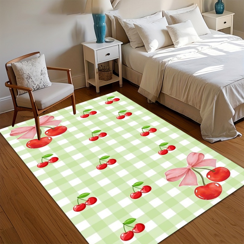 Commercial Ribbon Printing Machine - Hellgrüner Gingham-Kirschblüten-Teppich mit Karomuster, roten Früchten,